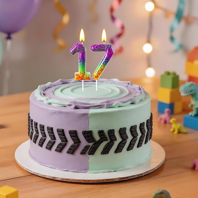 Number 7 Birthday Candle for Cake – Purple Green Flame Design with Lightning & Tire Track Pattern – Off-Road Truck Theme Cake Topper for Birthday Party Decoration