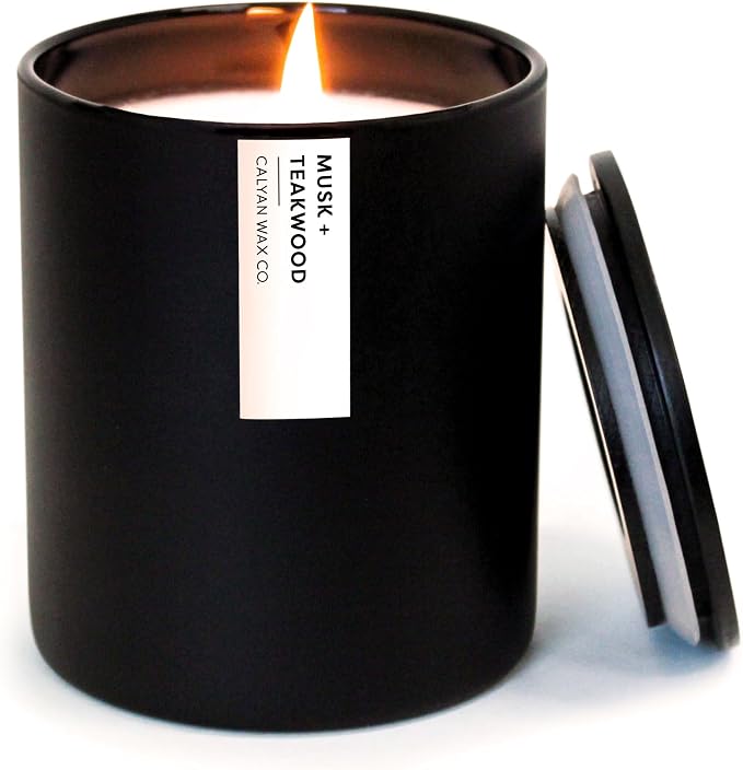 Calyan Wax Co. Musk & Teakwood Scented Candle - 75 Hour Burn - Luxury Clean Soy Wax Candles - Long Lasting Black Tumbler Jar Candle for Home - 10.2oz
