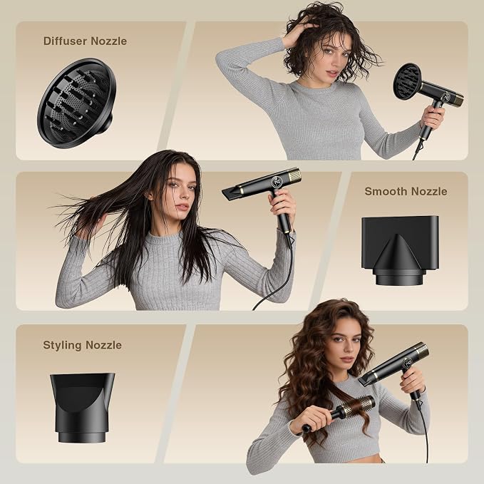 Dual Voltage Travel Hair Dryer with Diffuser, 1900W Professional High-Speed Ionic Blow Dryer for Fast Drying, Lightweight, No Heat Damage, Global Use 110V-240V