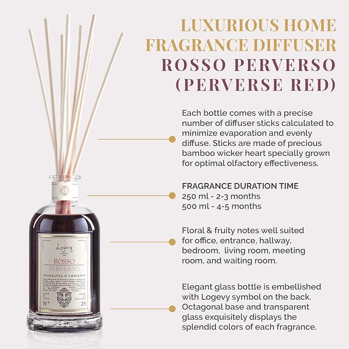 Logevy Firenze 1965 Rosso Perverso – Perverse Red Luxury Home Fragrance Diffuser from Master Perfumer in Italy with Floral & Fruity Notes in Elegant Glass Bottle with 10 Natural Bamboo Reeds – 250ml