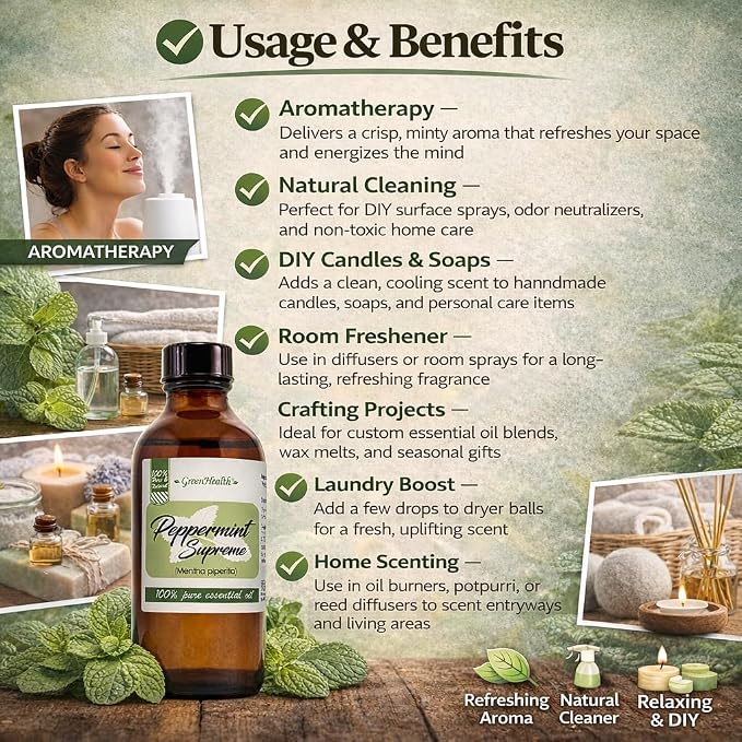 Peppermint Essential Oil (Mentha piperita) – 4 fl oz – Amber Glass Bottle with Cap – 100% Pure & Natural – Premium Therapeutic Grade – GreenHealth