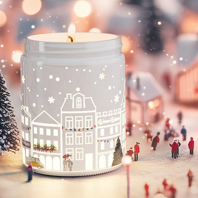 Merry Christmas Candles with Warmer LED, Christmas Decor Gifts Winter Candle with Pine Wood Spice Scents, Cypress Candle Over 40 Hours Burn Time, Home Decorations Indoor, 100% Soy Wax,White