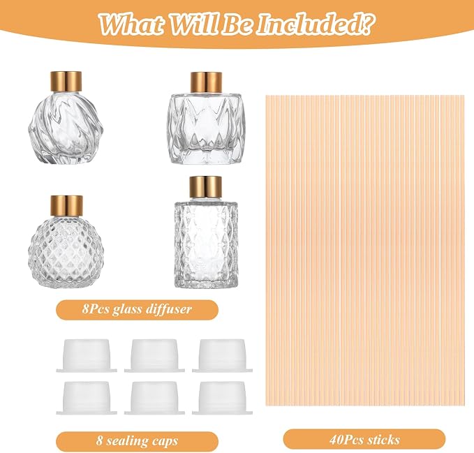 8 Pcs Bathroom Reed Diffuser Sets with 40 Natural Sticks, 3.4oz Empty Glass Bottles & Gold Caps, Bathroom Diffuser with Sticks for Home Office Aromatherapy Decor