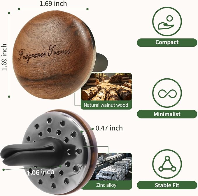 Wooden Car Air Freshener Vent Diffuser, Dark Brown Walnut Wood with Zinc Alloy Base, Refillable Essential Oil Compatible Car Vent Clip, Includes 4 Scented Pads, Long Lasting Natural Diffuser