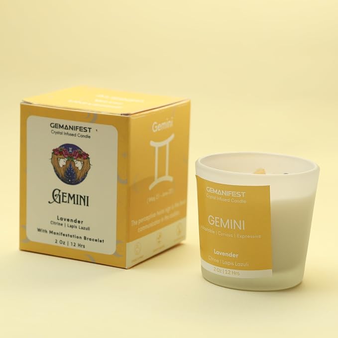 Gemini Manifestation Candle with Lapis Lazuli Bracelet Zodiac Candles with Healing Crystals Gemini Birthday Gifts for Women and Men Spiritual Birthstone Gifts for Candle Lovers