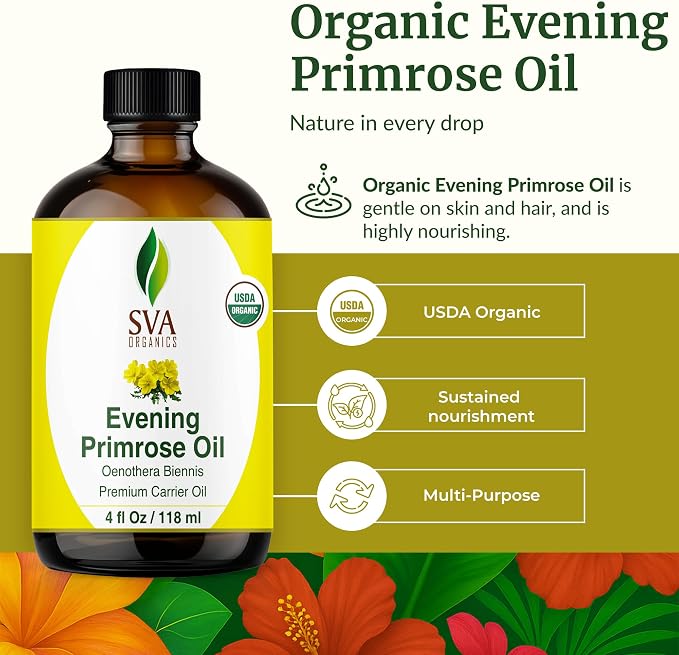 SVA Evening Primrose Oil Organic - 4 Fl Oz – 100% Natural Cold Pressed Organic Evening Primrose Oil - for Face, Skin Care, Hair Care, Scalp Massage & Body Massage – Carrier Oil with Dropper
