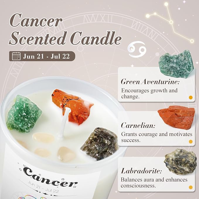 Cancer Gifts for Women, Zodiac Cancer Candle with Healing Crystals, Astrology Birthday Gifts for Women, Mom, Sister, Friends, Meditation, Yoga, Relaxation (7oz)