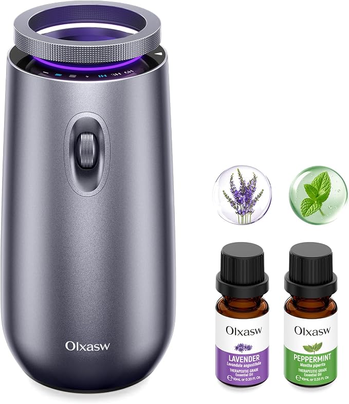 Waterless Essential Oil Diffuser with 20ml Oil, Battery Operated, Portable | Oil-Saving Design | Smart Memory | Aluminum | 3 Mist Levels | 3 Ambient Light Modes | Ultra Quiet | for Home Office Car