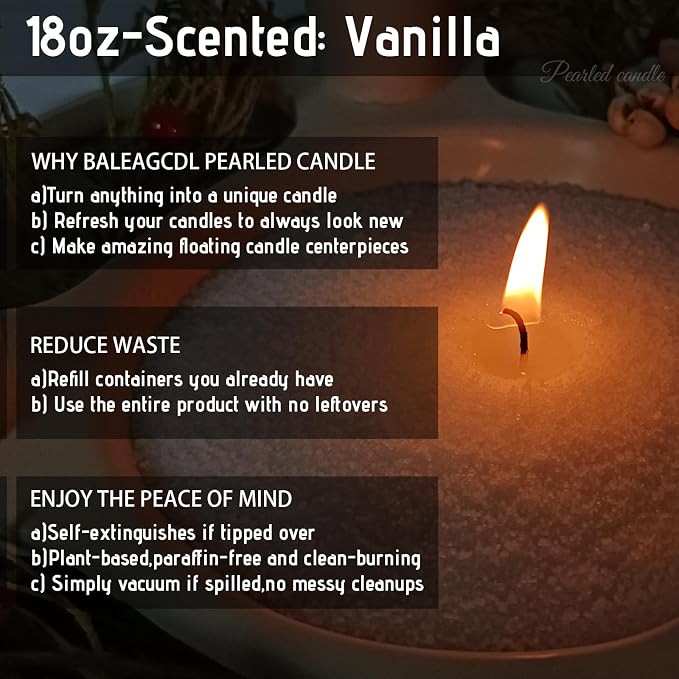 Vanilla Archive Pearled Candle 18 Oz with 30 Wicks - Vanilla Scented Sand Candles White Refillable Wax Lasts Up to 120 Hours Smooth and Clean Burning for Candle Making DIY