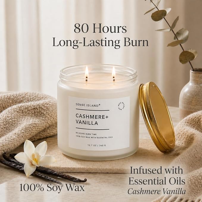 Cashmere Vanilla Large 12.7 OZ Scented Candle for Home Scented 80 Hrs Highly Scented Creamy Velvet Vanilla Cashmere | 100% Natural Soy Candle Gifts for Women Vanilla Candles for Cozy Home