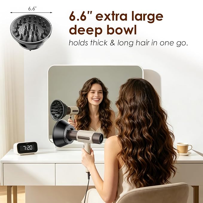 Diffuser Attachment for Hair Dryer,Universal Fits 1.5-3.2 Inch,Large Bowl | Collapsible,24 prongs,For Thick, Long, Curly, Wavy & Coily Hair, Home, Travel & Salon Use