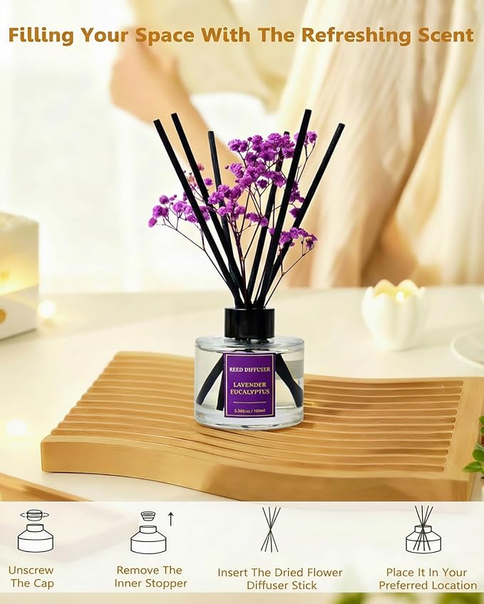 Reed Diffuser Set-Lavender &Eucalyptus Scent Fragrance Oil Diffuser with 6 Reed Sticks | Home & Bedroom Bathroom Decor,3.38 fl oz (100ml)