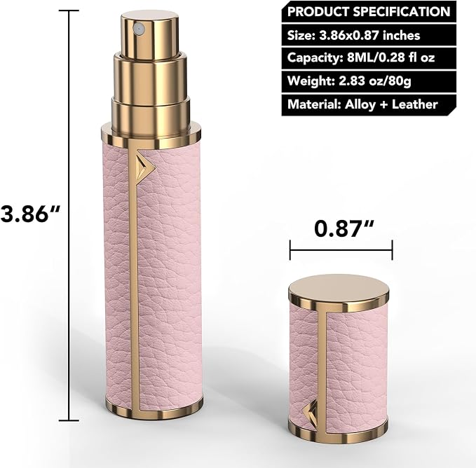 8ML Travel Perfume Refillable Atomizer, Mini Genuine Leather Cologne Sprayer, Protable Pocket Size Empty Fragrance Spray Bottle (Pink)