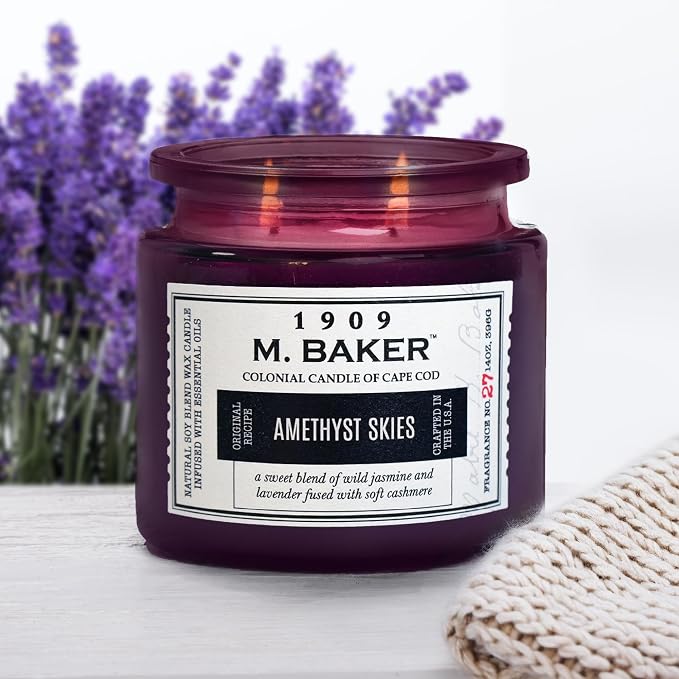 Colonial Candle Amethyst Skies Scented Candle, 2-Wick Natural Soy Blend Wax Candle Infused with Essential Oils, 14 oz Apothecary Glass Jar Candle - Made in The USA