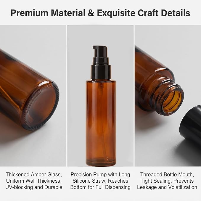 2 PCS 80/2.7oz Amber Glass Travel Bottles with Black Pump, Leakproof Lotion Dispenser for Essential Oil, Cream, Shampoo, Body Wash & Travel Toiletries