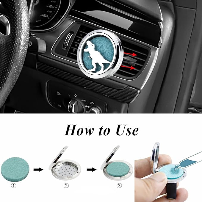 30mm Car Essential Oil Diffuser Vent Clips Air Freshener Vent Clip Aromatherapy Car Accessories 10 Felt Pads for Gift Women (Dinosaur)