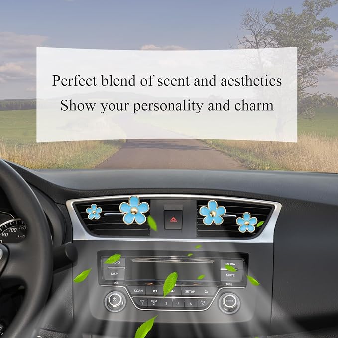 ORIESSE 4pcs Flowers Air Vent Clips Car Air Freshener,Girly Flowers Car Accessories for Women,4 Sizes Light Blue Daisy Flower Car Vent Clips Cute Car Decor,Refillable Car Diffuser