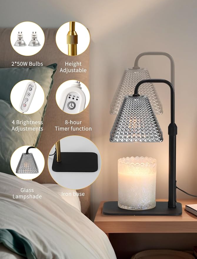 Candle Warmer Lamp with Timer & Dimmer, 2 Bulbs, Height Adjustable, Fit All Size Jar Scented Candles, Safe Aromatherapy Light for Sleep, Work, Yoga, Bedroom, Office, Gift (Crystal Pyramid)