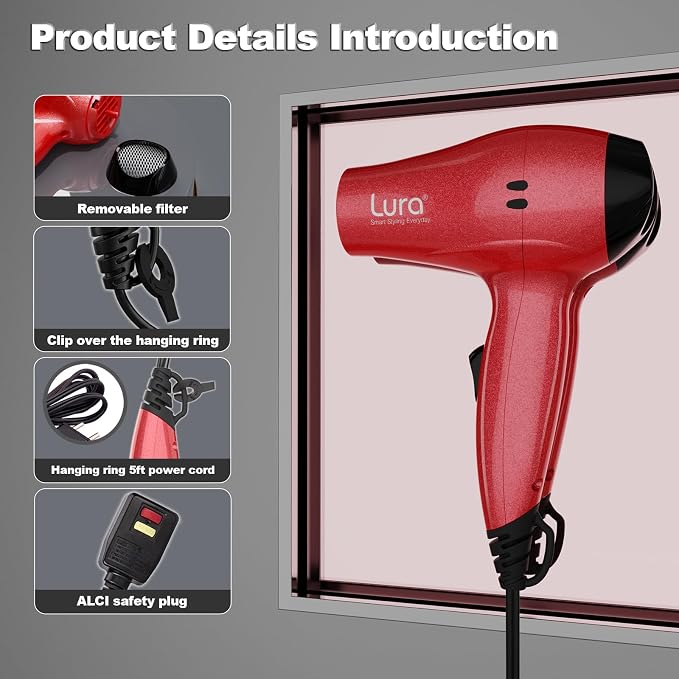 LURA Travel Hair Dryer with Diffuser,Small Dual Voltage Hair Dryers for Women,Mini Portable Blow Dryer for Men,Lightweight Compact Blow Dryer with European Plug（Red）