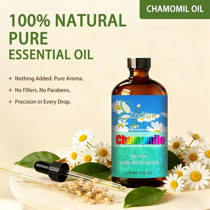 Chamomile Essential Oil, Chamomile Fragrance Oil for Diffuser, Massage, Humidifier, DIY Candle, Soap Making, Home, Bath, Yoga - 4 fl oz (120ml) - ZODION Essential Oils