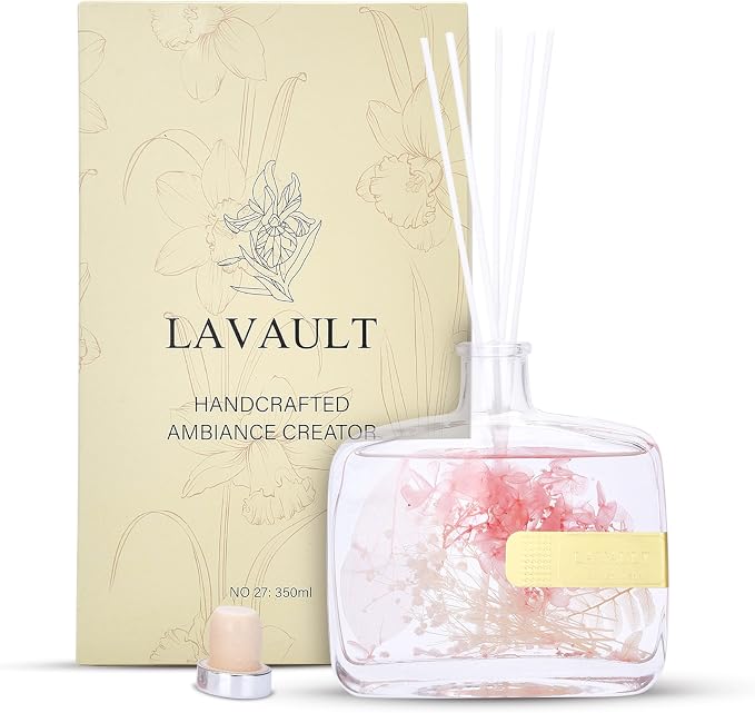 Lavault Reed Diffusers for Home - Greenwhite Ornaments - 100% Natural Materials - Long-Lasting Fragrance - Relaxing Atmosphere, Easy-to-Use & Eco-Friendly, Reusable Glass Bottle Empty Spirit Aroma
