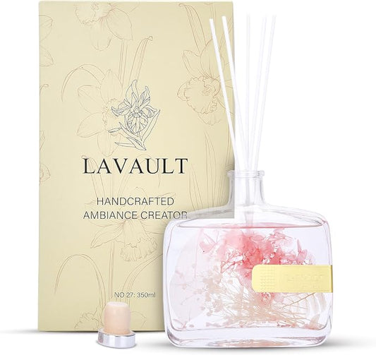 Lavault Reed Diffusers for Home - Greenwhite Ornaments - 100% Natural Materials - Long-Lasting Fragrance - Relaxing Atmosphere, Easy-to-Use & Eco-Friendly, Reusable Glass Bottle Empty Spirit Aroma