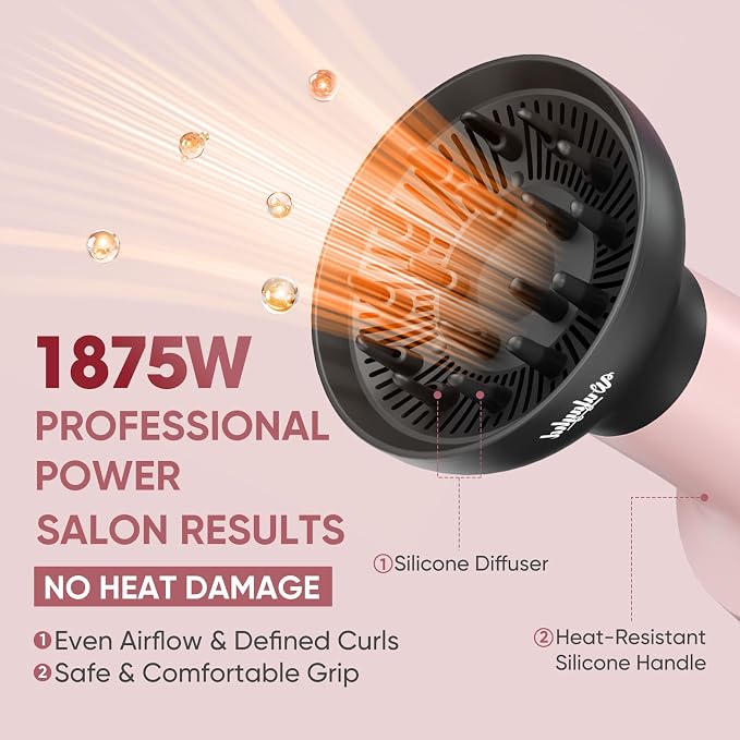 WUFAYHD 2-in-1 Diffuser Hair Dryer for Curly Hair: 1875W Ionic Hair Dryer w/Comb & Diffuser Attachment, Fast Drying, Reduces Frizz, Anti-Heat Handle Blow Dryer with ALCI Plug, Gift for Women Her