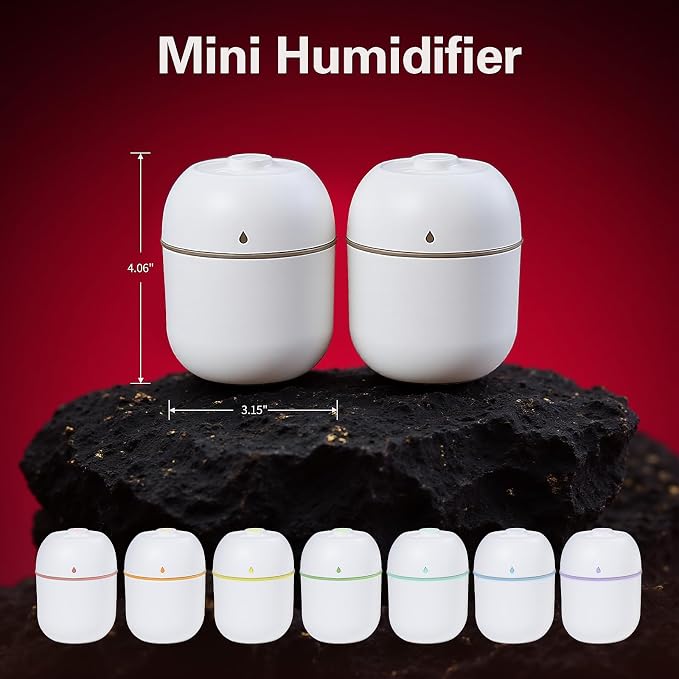 2 Pcs 220ML Small Diffuser Humidifier, Mini Aromatherapy Diffuser for Home, Office, Bedroom, Spa, Yoga Room, Car Air Humidifier with 5 Color Light, Timer, Auto Shut-Off, 2 Mist Modes -White