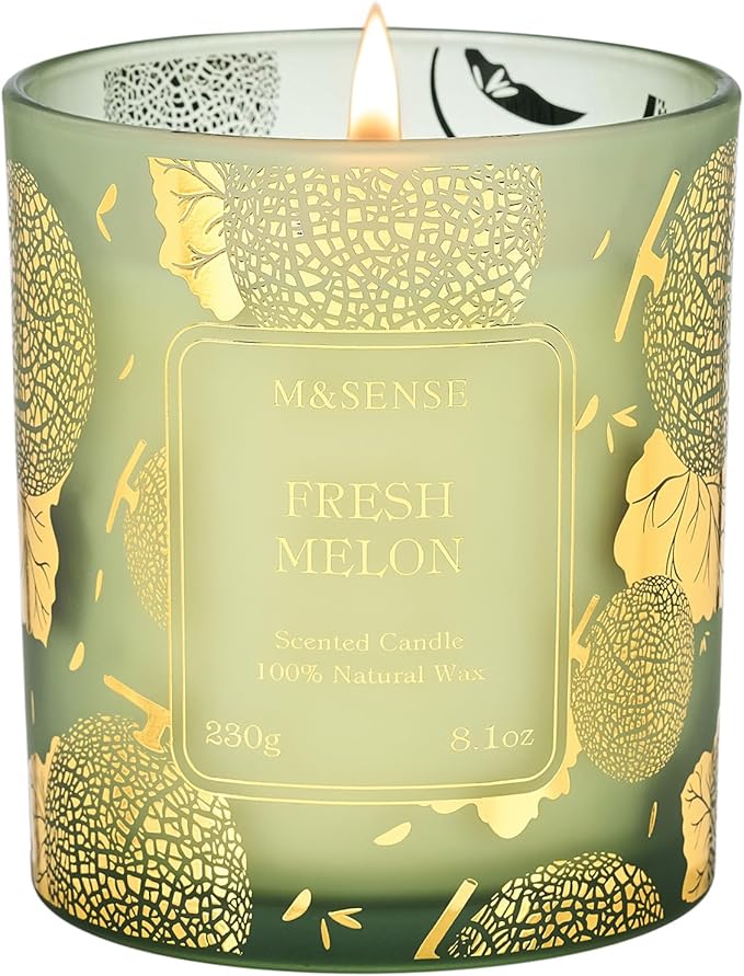 M&SENSE Fresh Melon Scented Vegan Soy Candles, 8.1oz Non Toxic Summer Aromatherapy Candle for Home Decor, 42-Hour Burn Time, Fresh Smelling Good Scented Candle for Bathroom Decor