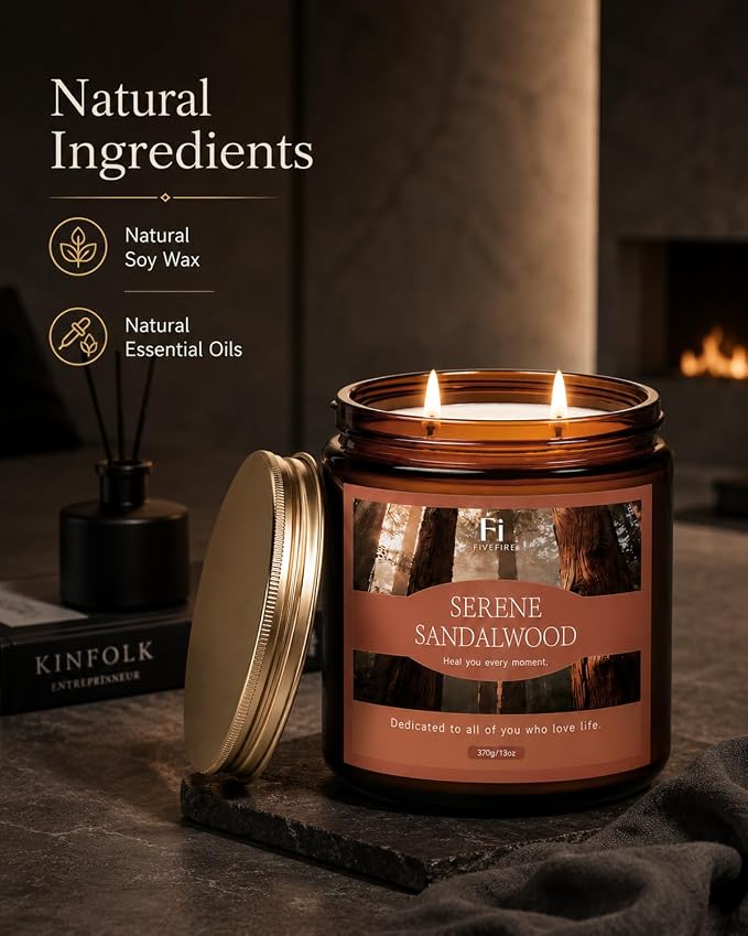 Sandalwood Scented Candles, 13 oz Soy Wax Candle with Cotton Wick, 76-Hour Clean Burning, Non-Toxic Woodsy Scent for Relaxation & Focus, Aromatherapy Candle, Housewarming Gift