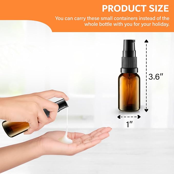 VitalUp 12 Pack Empty Refillable Glass Amber Pump Bottle Ideal for Lotion Cream Essential Oil Travel Small Container, 15ml