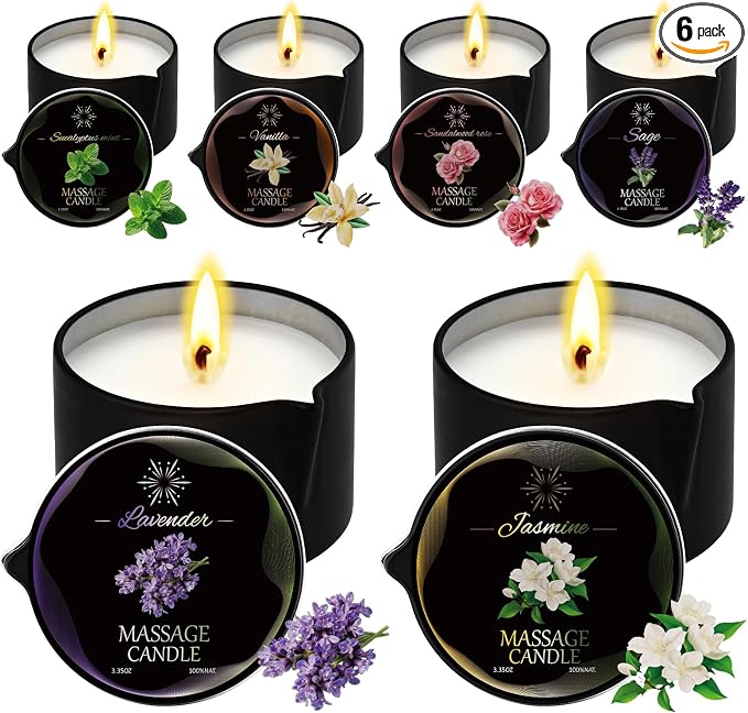 6 Pack Massage Candle Set, Assorted Scented Massage Oil Candle, Low Temperature Soy Wax Massage Oil Candles for Skin Moisturizing, Home Spa, Relaxation, Self-Care
