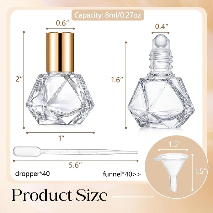 Domensi 80 Pack 8ml/0.27oz Shaped Essential Oil Roller Bottles, Mini Glass Roll on Bottle Applicator, Refillable Leak-proof Roller Bottles for DIY Blends, Samples, Travel with 40 Droppers & 40 Funnels