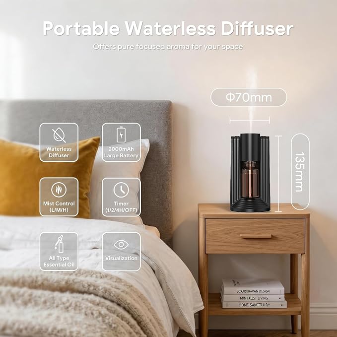 VOCOlinc Waterless Diffuser Starter Kit with 20mL Hotel Fragrance Oil, Battery Operated Diffusers, 4 Timers ＆ 3 Mist Levels, Mini Scent Air Machine for Home, Room, Car, Office (Black)