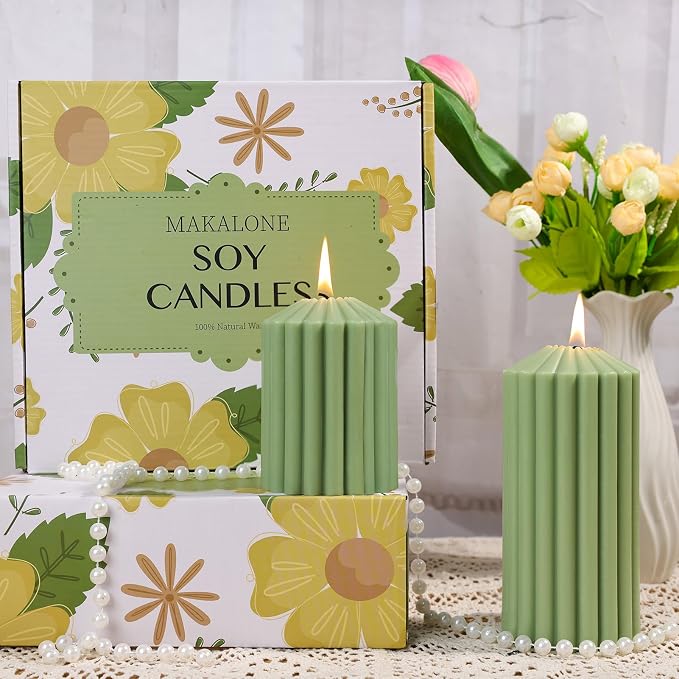 Citronella Candles for Patio, Set of 3 Ribbed Sage Green Pillar Candles for Summer Outdoor,Soy Wax Modern Boho Home Decor Pillars,Aesthetic Candle Gift Set for Garden and Indoor Use