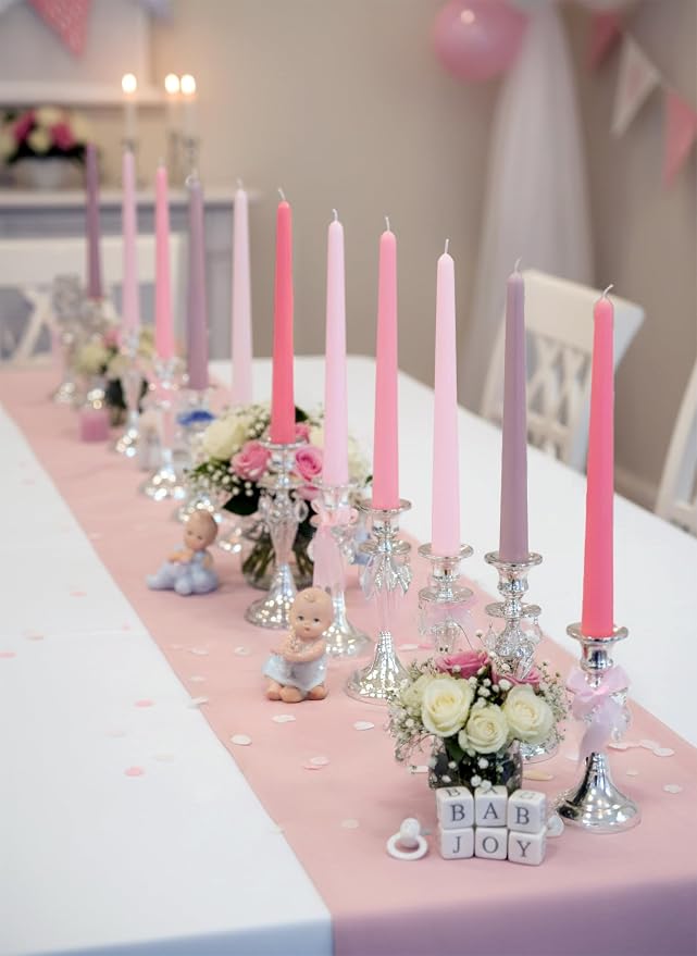 12pk 10" Classic Taper Candles, Muted Pink Shades, 7-8 Hours Long Burning, Unscented Tall Candlesticks