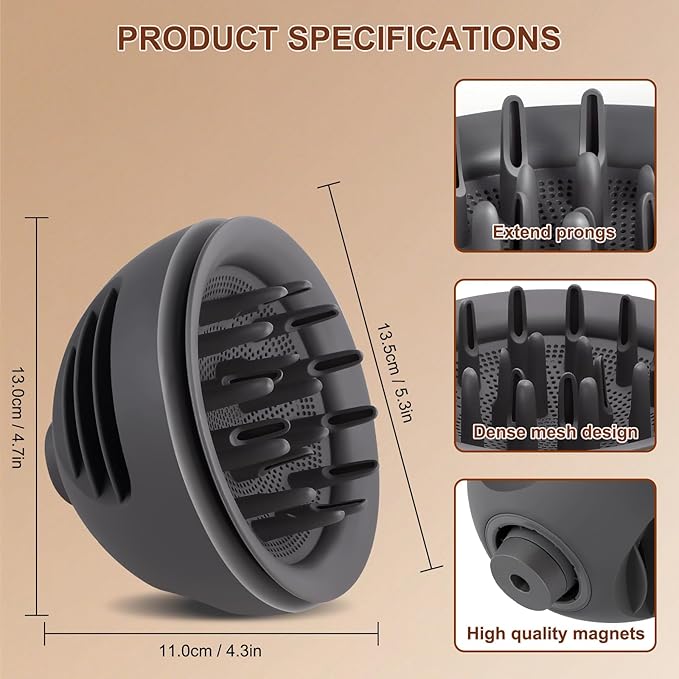 Wave+Curl Diffuser Attachment for Dyson Supersonic Hair Dryer HD19(travel) HD01 HD02 HD03 HD04 HD08 HD15, Fast Drying, Dome and Diffuse Modes for Wave Curly Thick, Adding Volume and Define, Gray