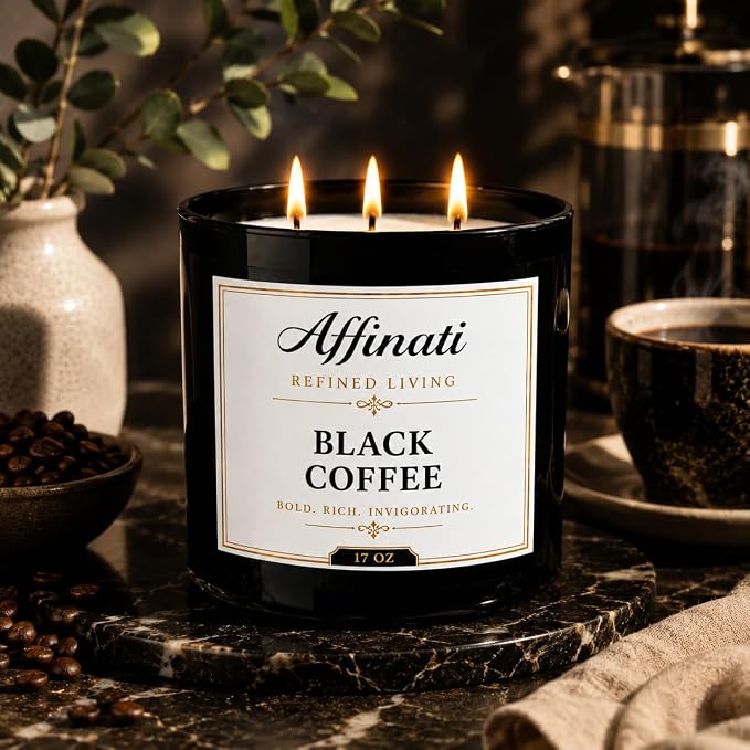 Affinati Black Coffee 3-Wick Scented Candle – Large Soy Blend Candle, Strong Scent Throw Rich Roasted Espresso Cafe Gourmand Candle, Premium Room Odor Eliminator Gift