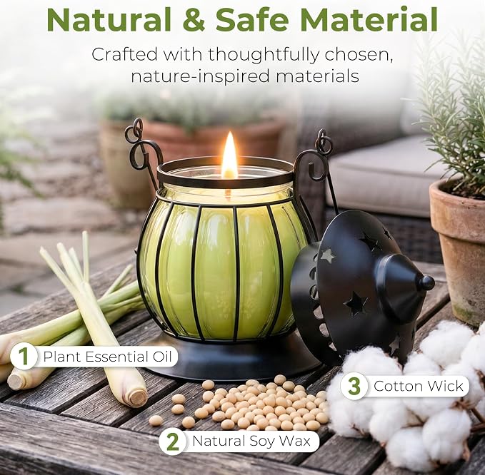 Citronella Candles Outdoor, 2 Pack 6oz Lemongrass Scented Soy Wax Candles with Vintage Metal Lantern Holder, Outdoor Candle for Patio Garden Camping Decor, Yellow Green Gift Set for Women