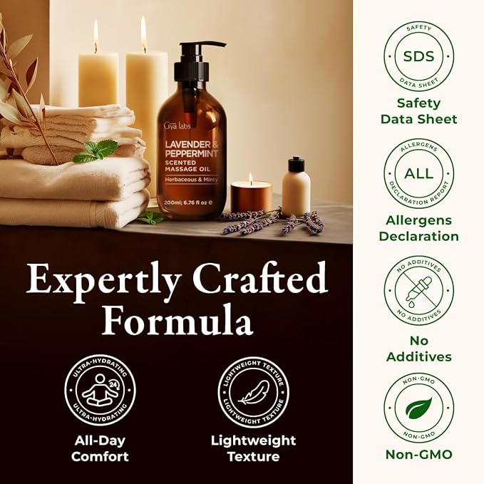 Gya Labs Lavender & Peppermint Massage Oil - 6.76 Fl Oz - Sore Muscle Massage Oil for Relaxation and Recovery - Fast-Absorbing and Non-Greasy Formula, Non-GMO, Cruelty-Free