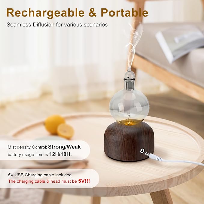 Lychee Rechargeable Waterless Essential Oil Diffuser, Aromatherapy Spray Glass Oil Diffuser, Touch Control with 2 Modes,Travel Portable，Silent Operation and Auto-Off Yellow Light for Home Office