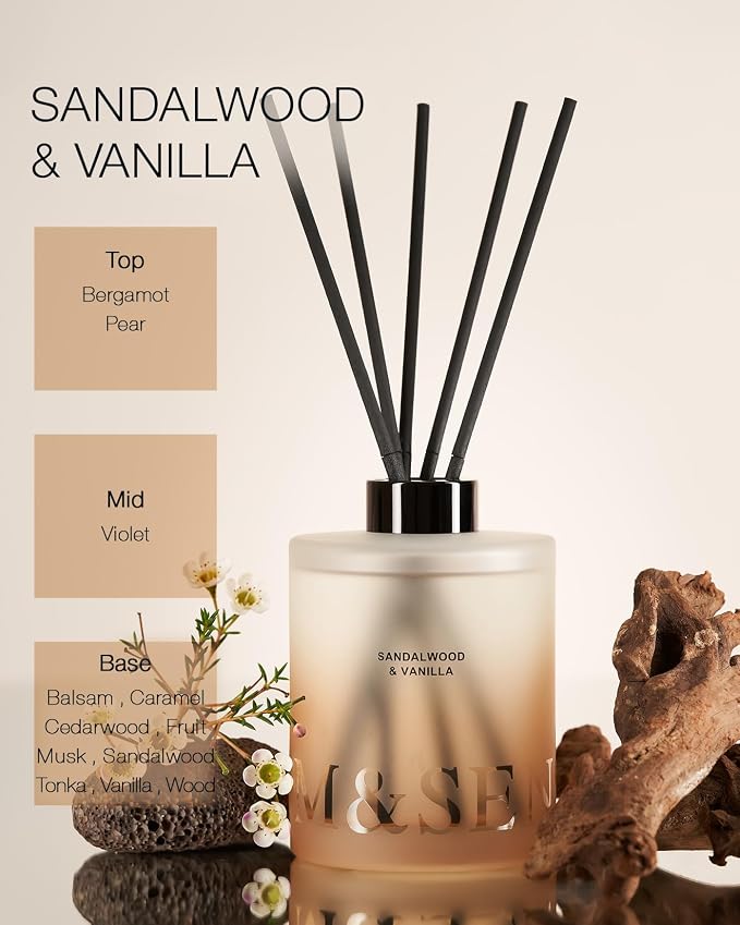 M&SENSE Sandalwood & Vanilla Reed Diffuser Set - 16.9 fl oz Long-Lasting Scent, Non-Toxic Essential Oil Diffuser for Home, Fragrance Diffuser Housewarming Gifts for Bathroom Bedroom for Women