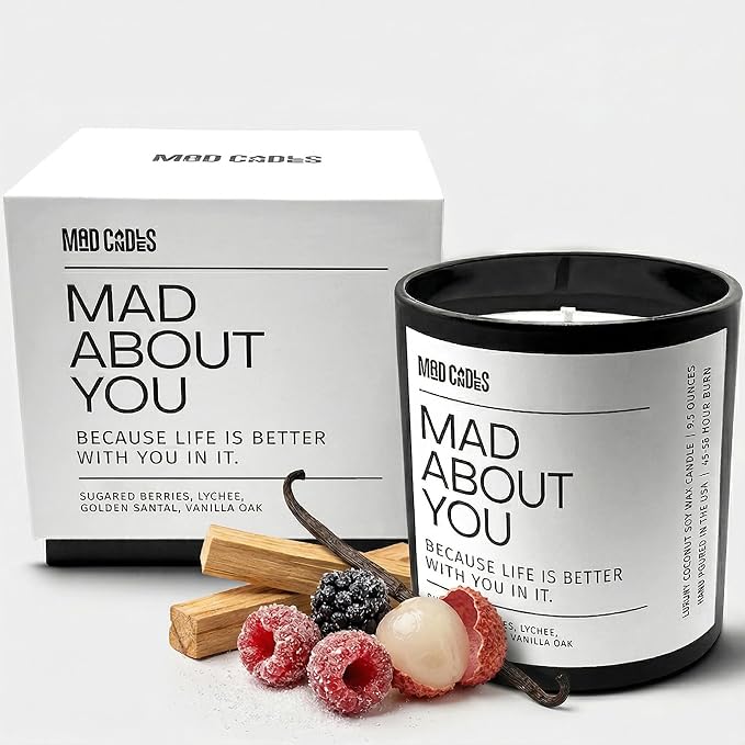 – Mad About You | Luxury Scented Candle for Bedroom & Living Room Décor | 9.5oz Coconut Soy Wax | Non Toxic | Long Burn Candle Jar for Home Fragrance & Valentine's Day Gift