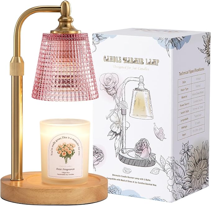 Hong-in Candle Warmer Lamp with Timer Dimmer, Birthday Gifts for Women, House Warming Gifts for New Home, Vintage Room Decor, Adjustable Height Candle Lamp, Wax Warmer for Scented Jar Candles, Pink