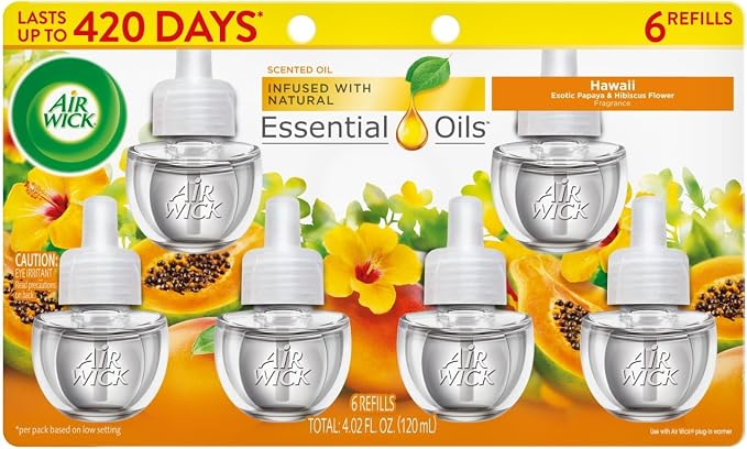 Air Wick Plug-In Scented Oil Refills, 6 Count, Hawaii Exotic Papaya and Hibiscus Flower, Air Freshener, Essential Oils