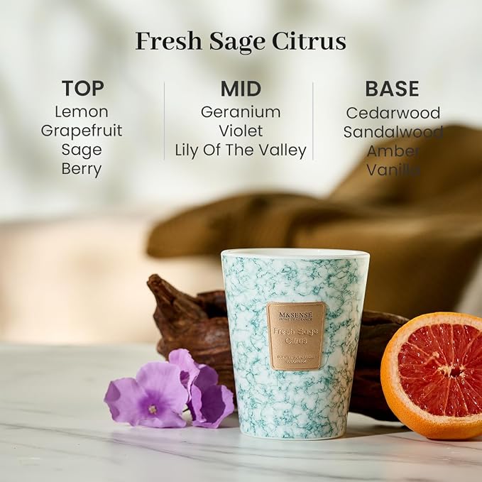 M&SENSE Fresh Sage Citrus Scented Soy Candle, 3 Wick Highly Scented 14.1 Oz 75H, Aromatherapy Christmas Gift for Women and Men