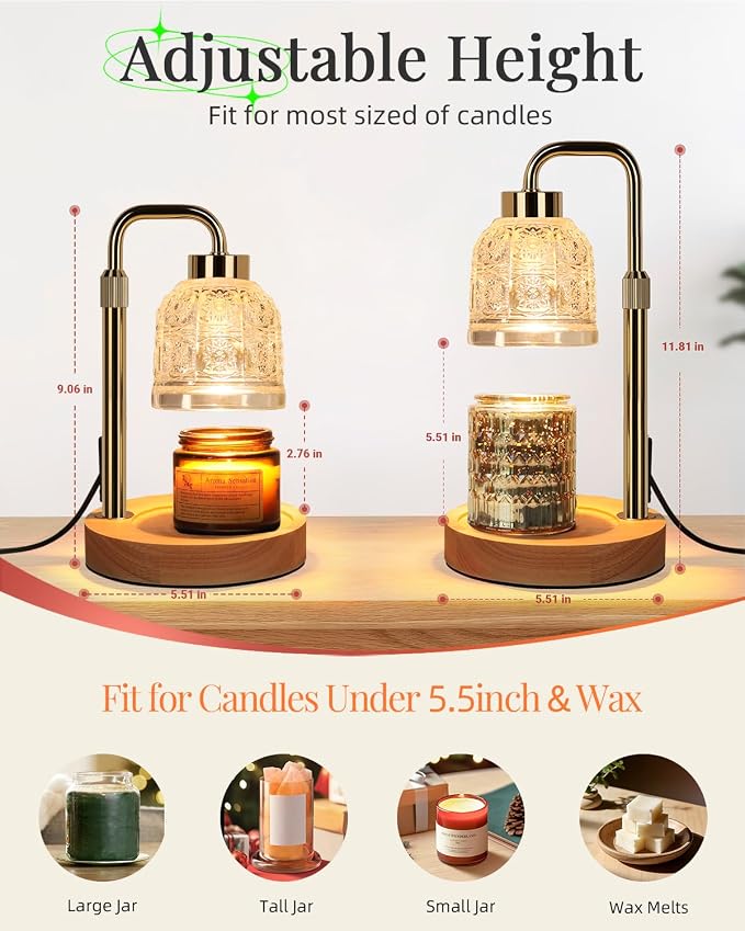 AIFEI Candle Warmer Lamp with Timer, Dimmable Adjustable Height Candle Lamp, Birthday Gifts for Women Mom Sister Friends, House Warming Gifts New Home Decor, Candle Lamp Warmer with 2 Bulbs - Gold