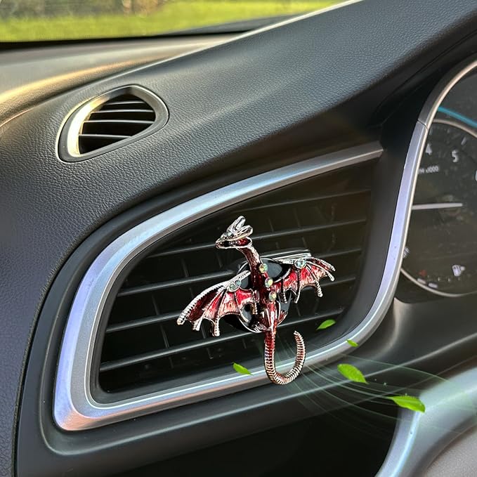 ORIESSE Dargon Air Vent Clips Car Air Freshener 2pcs Bling Red Dragon Car Accessories Enamel Fire Dragon Wyvern Vent Clips Refillable Essential Oil Outlet Diffuser Gothic Decor