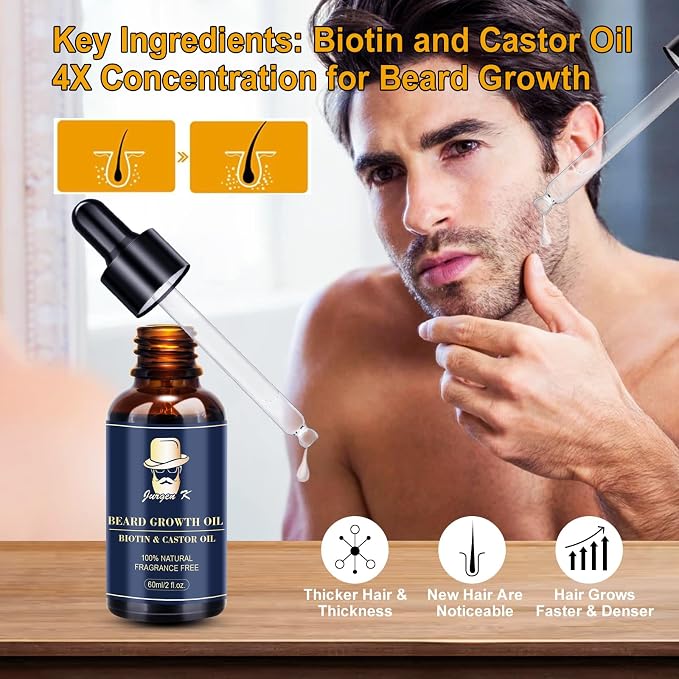 Beard Growth Kit, Beard Growth Oil (2Oz) w/Biotin & Castor Oil, Beard Massager for Patchy/Spot Beard, Beard Kit for Men's Grooming, Dad Day Gifts Fathers Day, Birthday Gifts for Him Boyfriend Husband