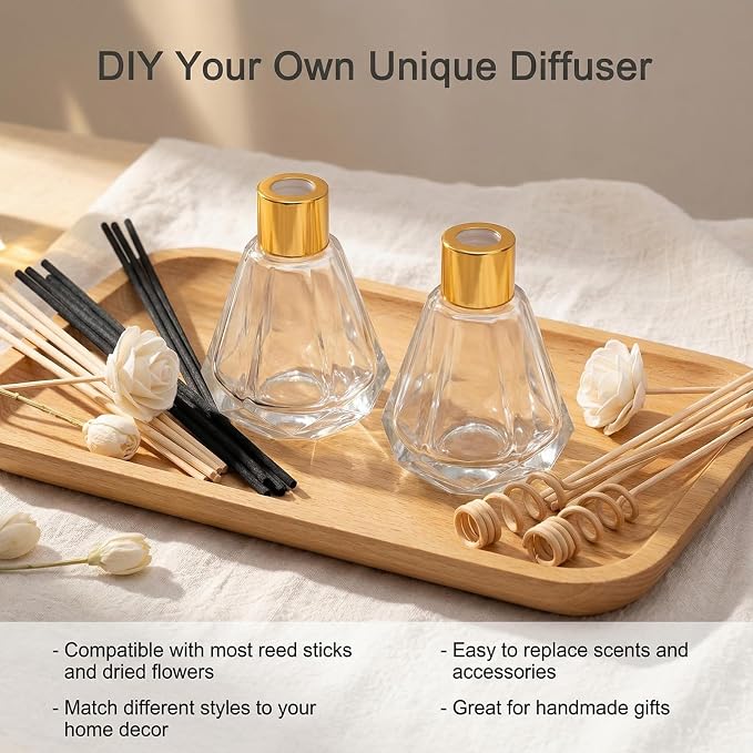 2 Pack 2oz Clear Reed Diffuser Bottles, Empty Refillable Diamond Style Glass Aromatherapy Bottles with Gold Caps & Inner Stoppers for Bathroom, Home & Office Fragrance DIY